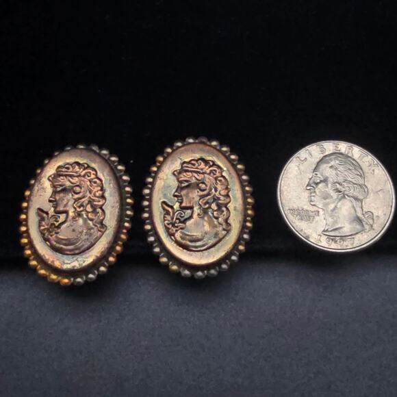 Bronze Cameo Clip On Earrings Left Facing Lady Portrait Vintage Costume Jewelry - Picture 2 of 5